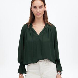 Madewell Long-Sleeve Tie-Neck Top in Luxury Forest Green